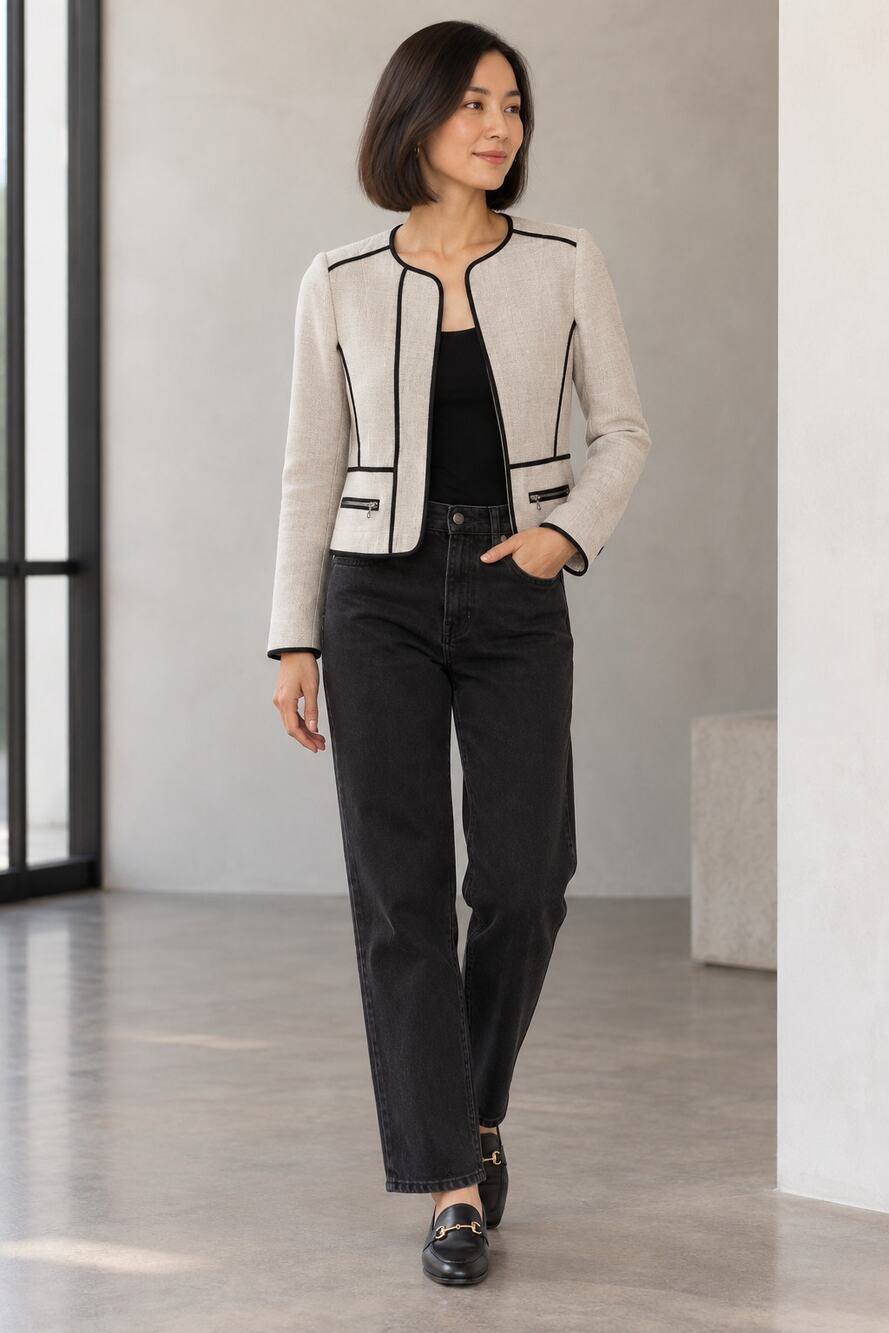 Zara Basic Linen Look Piped Jacket XS Cream Black Collarless Blazer